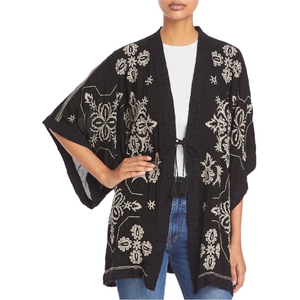 Johnny Was Womens Dorothea Black Embroidered Layering Floral Kimono Top